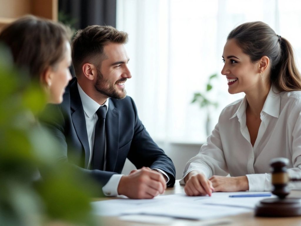 Avocat discutând cu un client într-un birou modern.