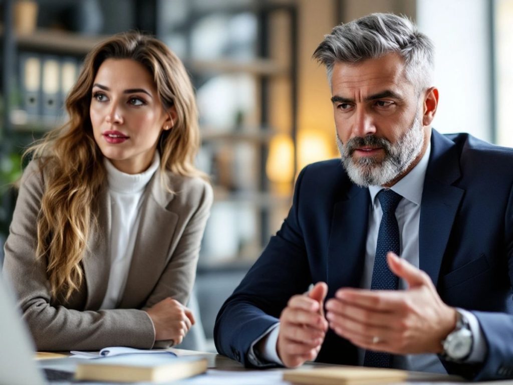 Avocat discutând cu un coleg în birou modern.