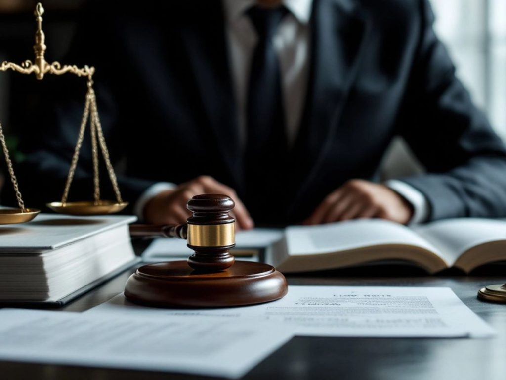 Birou de avocat cu cărți de drept și ciocan.