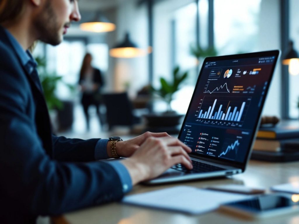 Avocat lucrând cu laptop și tabletă într-un birou modern.