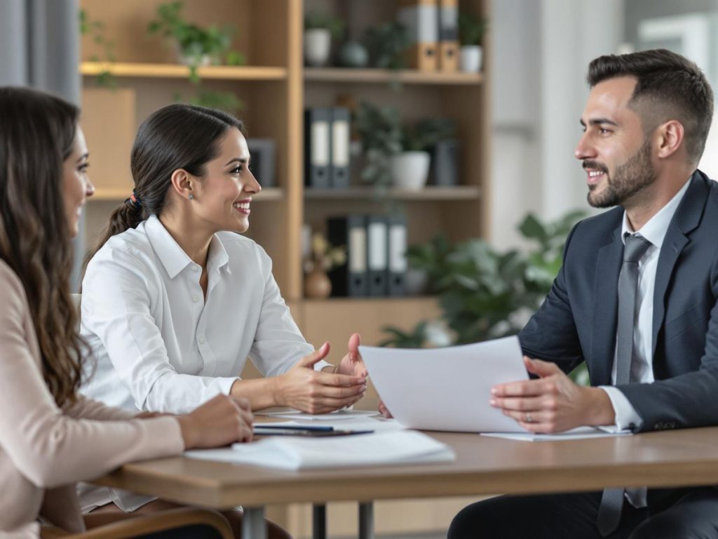 Avocat de business discutând cu clienții într-un birou modern.