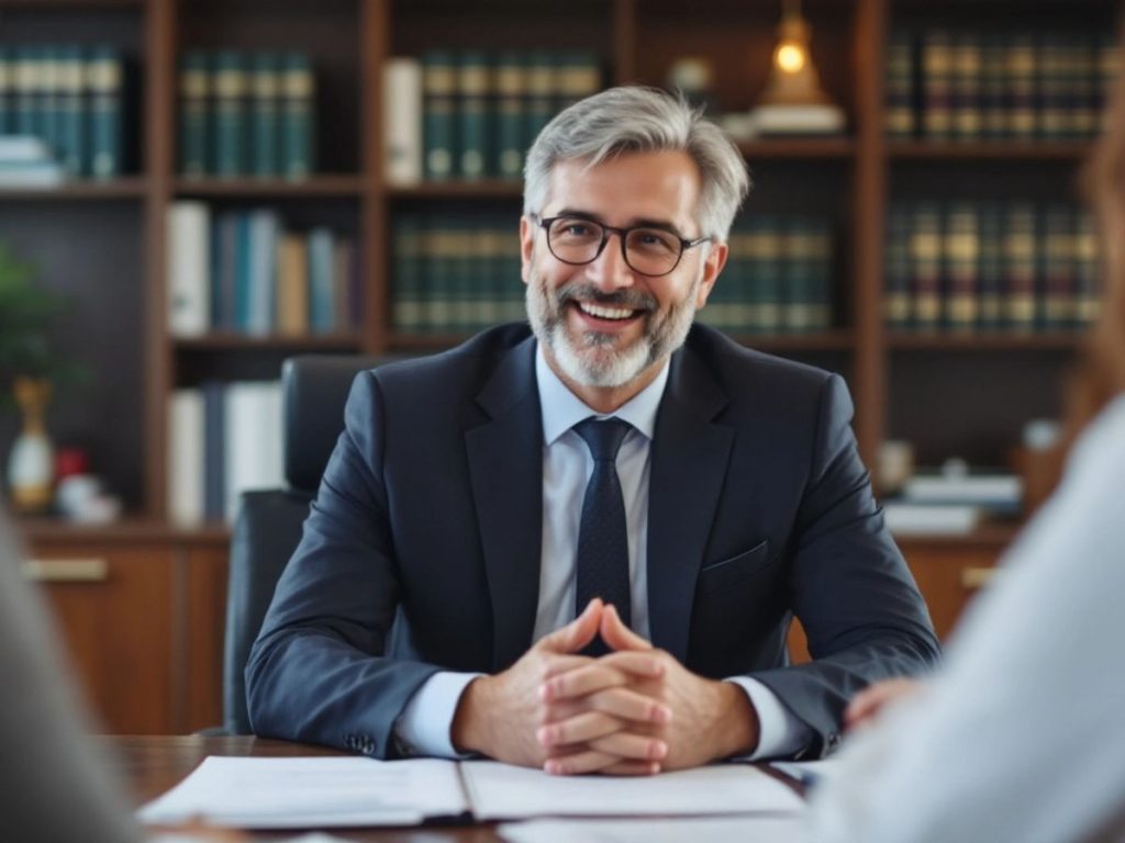 Avocat discutând cu clienți într-un birou modern.