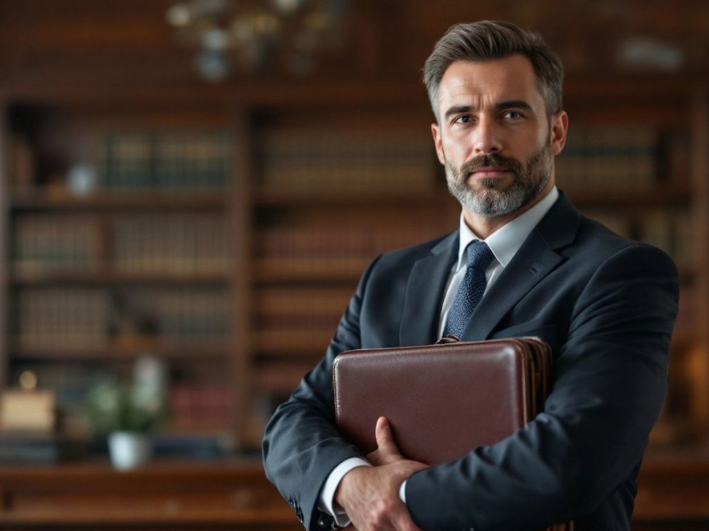 Avocat român în sala de judecată, cu geantă.