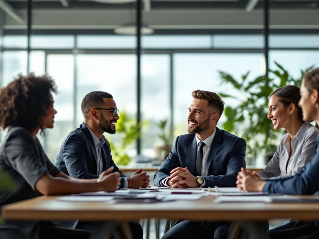 Avocați colaborând într-un birou modern.