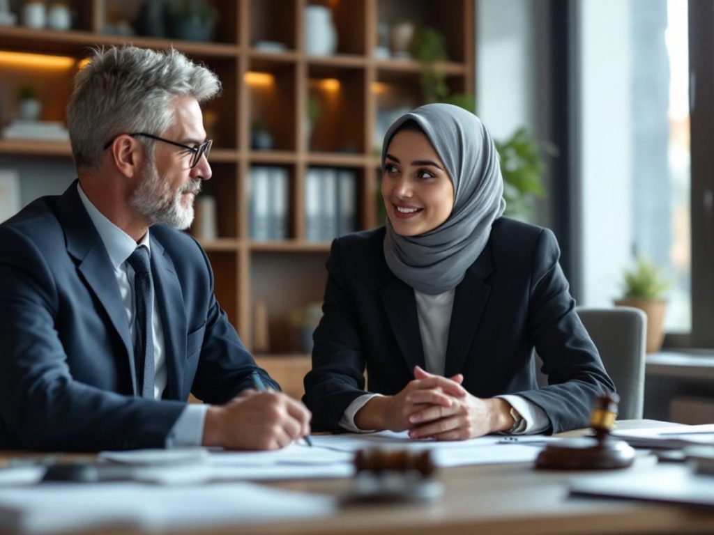 Avocat senior și avocat junior discutând într-un birou.