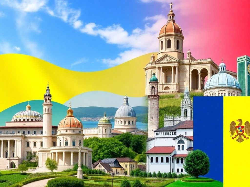 Colaj fotografic cu peisaje și simboluri românești.