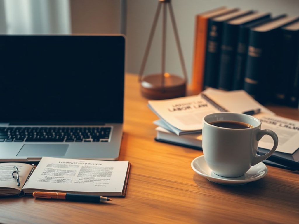Birou profesional cu laptop și cărți de drept.