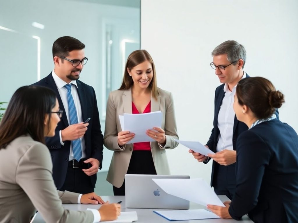 Discutie de afaceri între persoane diverse.