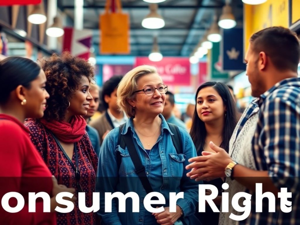 Persoane discutând despre drepturile consumatorilor într-o piață vibrantă.