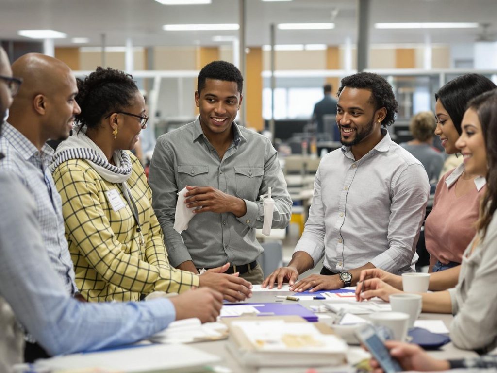 Grup divers de angajați susținându-se reciproc.