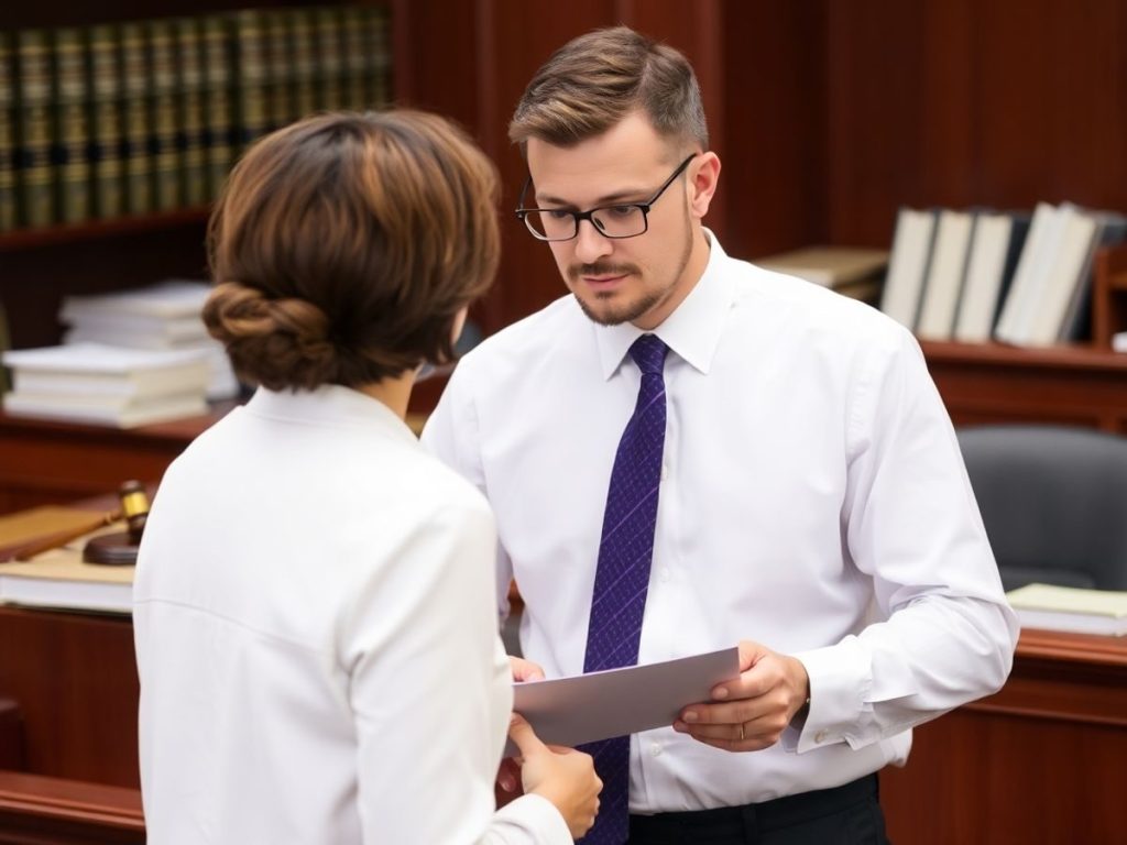 Avocat în sala de judecată cu clientul său.