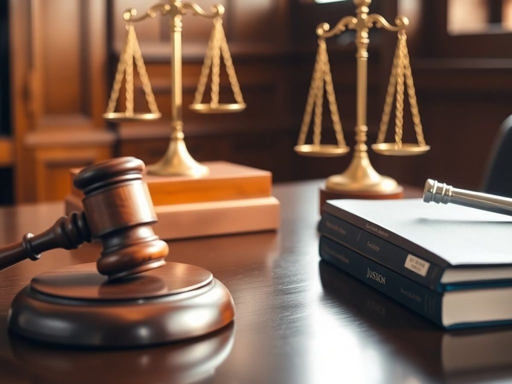 Balanță justiției, coduri, ciocan judecător pe masă.