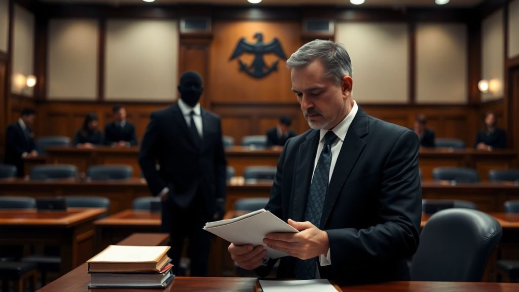 Scenă de tribunal cu avocați și dosare de crimă.